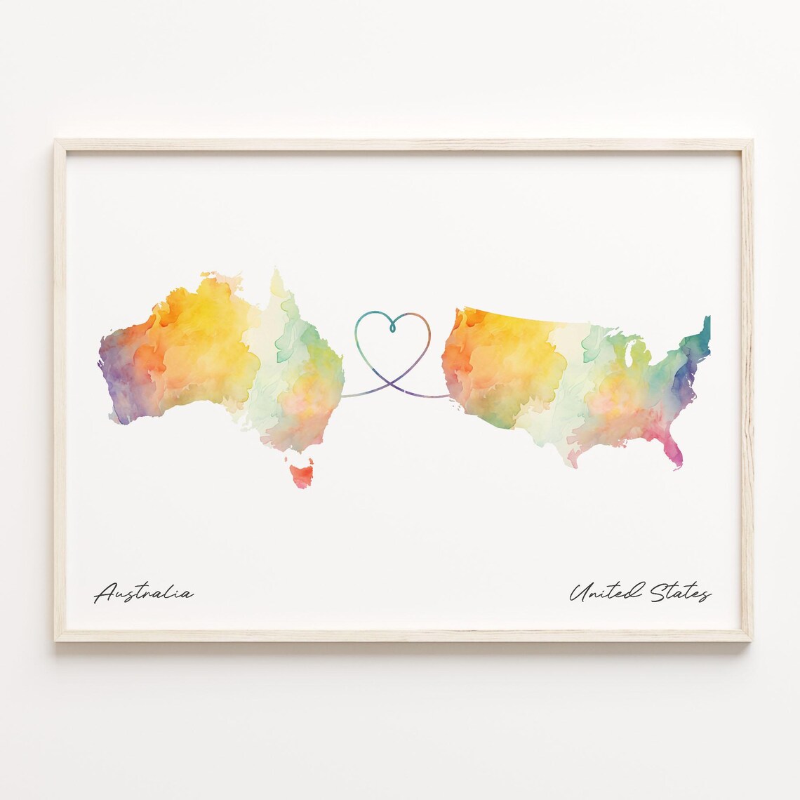 Australia to United States Watercolor Map Poster