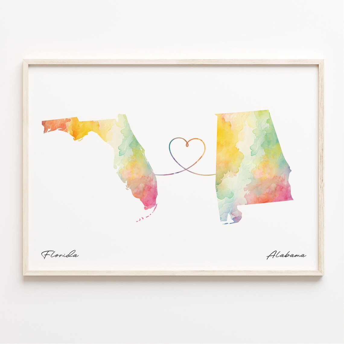 Florida to Alabama Watercolor Map Heart Connection Gift Art Poster