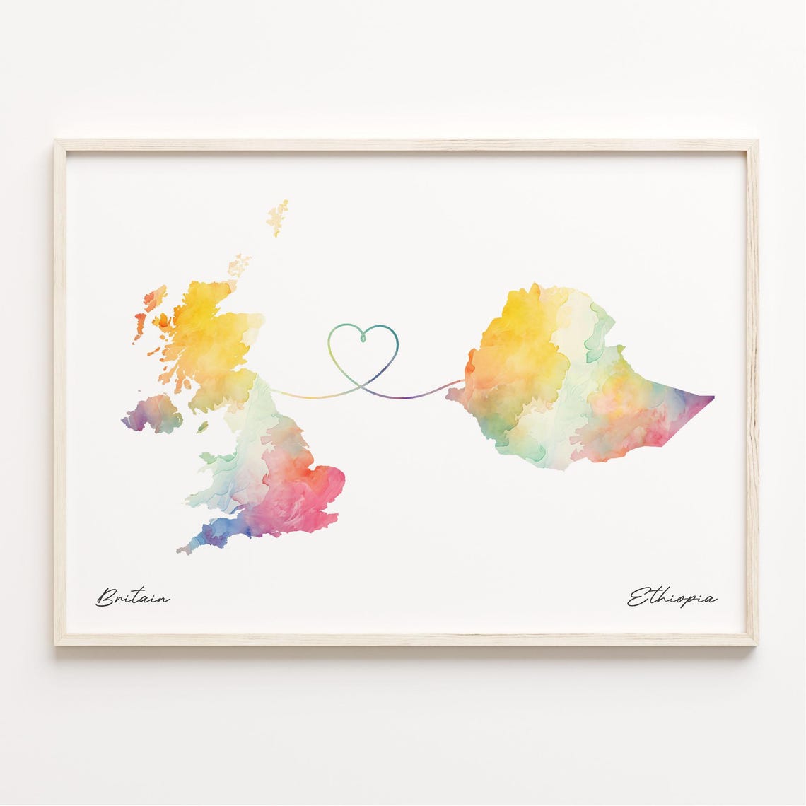 Britain To Ethiopia Watercolor Map Heart Connection Gift Poster
