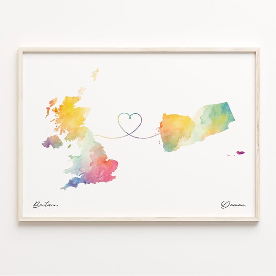 Britain To Yemen Watercolor Heart Map Long Distance Love Poster