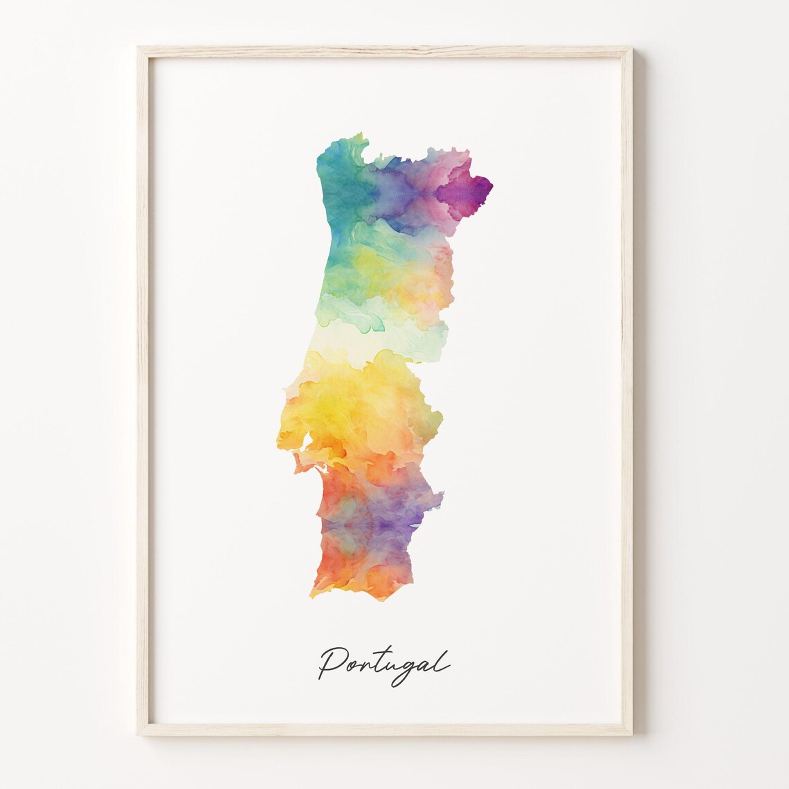 Portugal Watercolor Map Rainbow Script Minimalist Country Wall Art