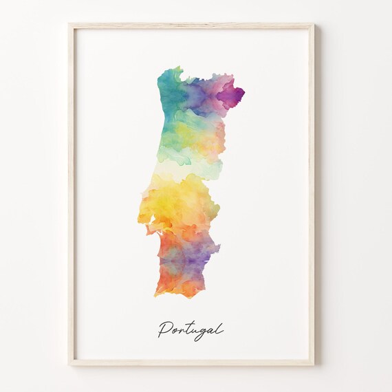 Portugal Watercolor Map Rainbow Script Minimalist Country Wall Art