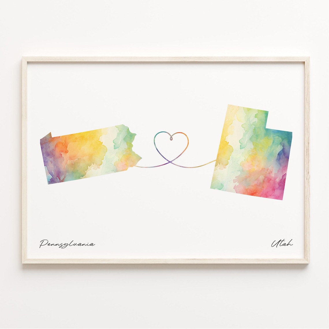 Pennsylvania To Utah Watercolor Map Heart Line Moving Gift Poster