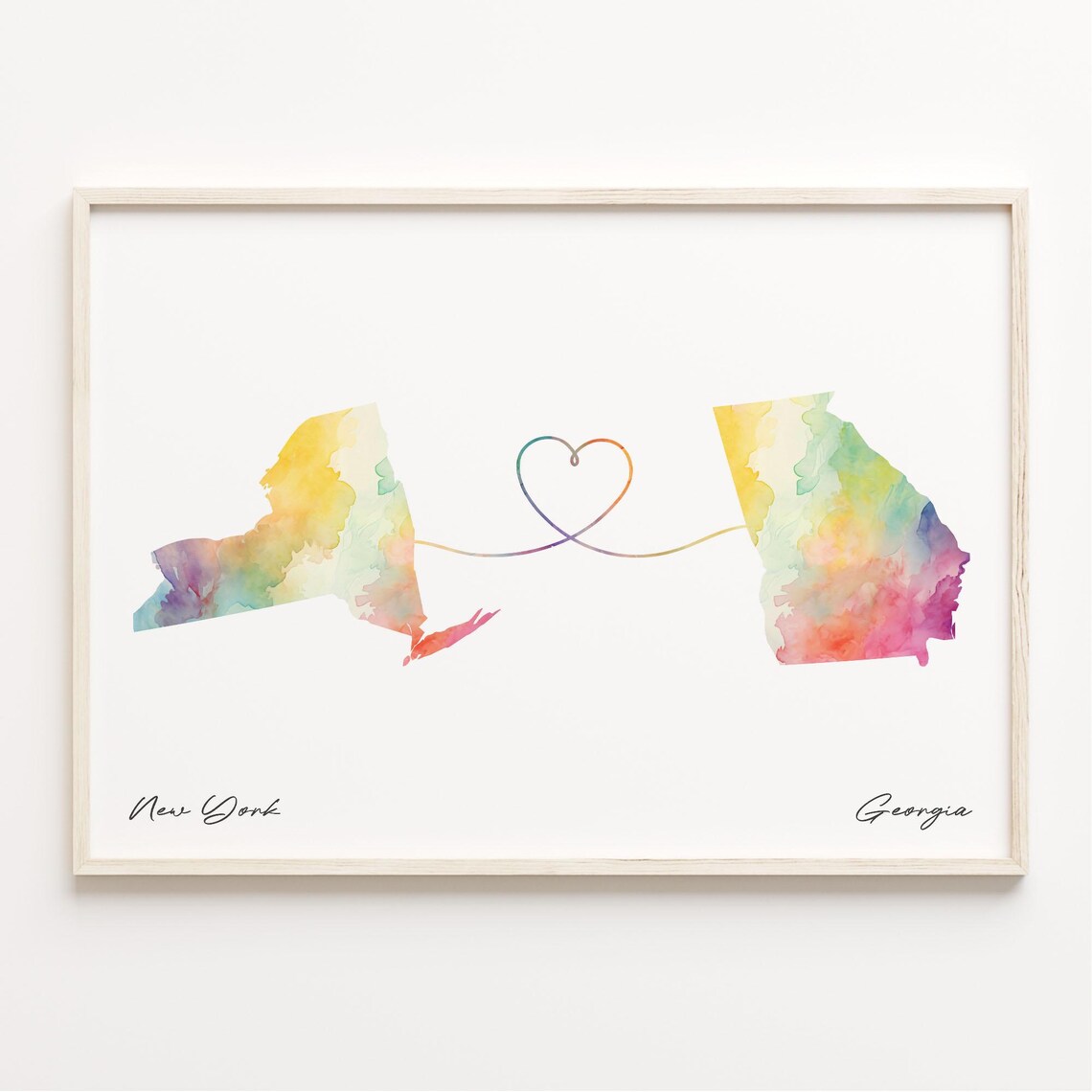 New York Georgia Watercolor State Map Heart Connection Poster