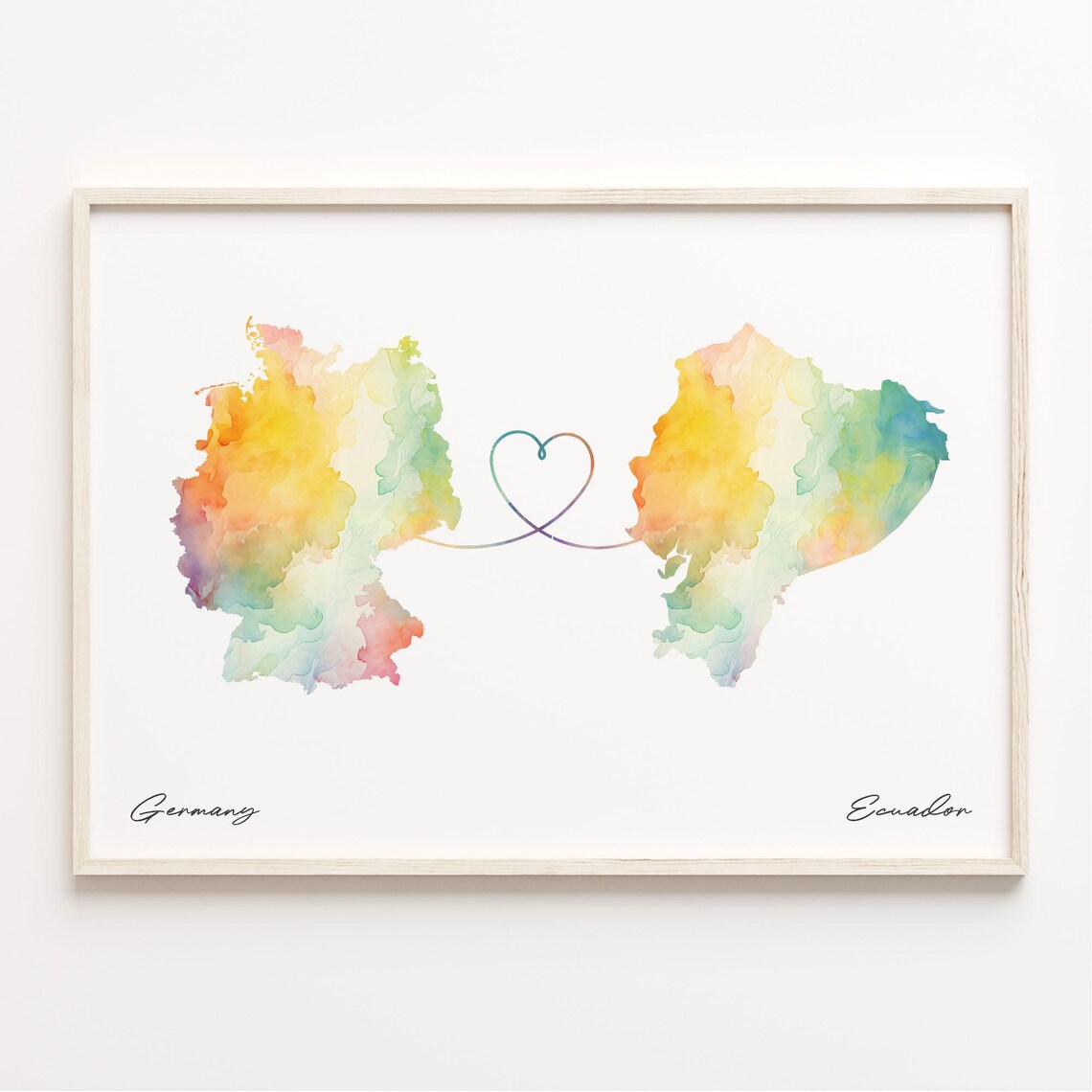 Germany Ecuador Watercolor Heart Map Long Distance Love Print