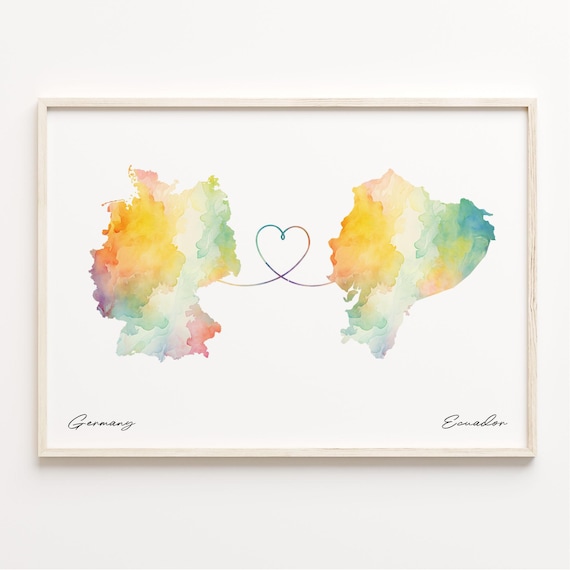 Germany Ecuador Watercolor Heart Map Long Distance Love Print