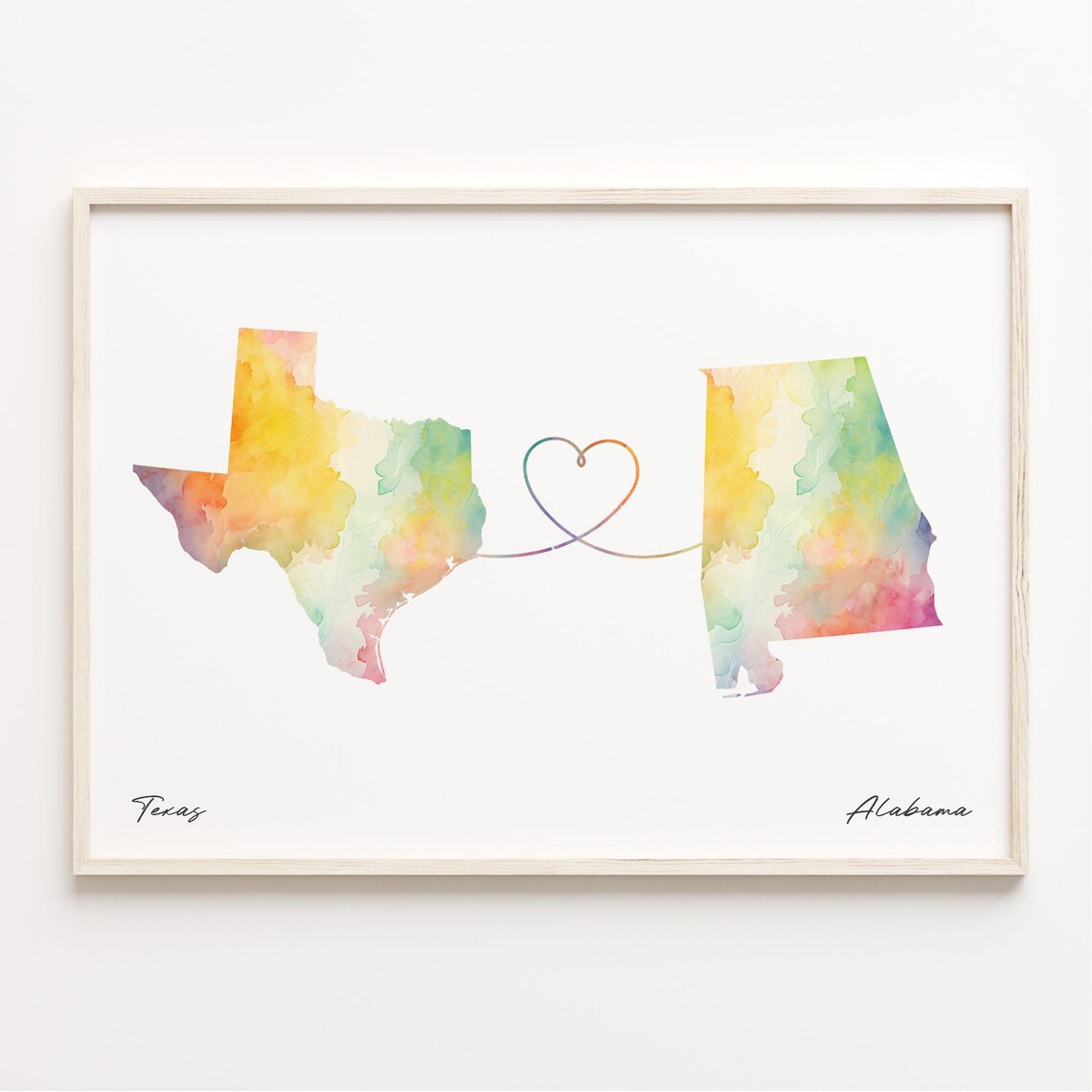 Texas To Alabama Watercolor Heart Map Long Distance Wall Art