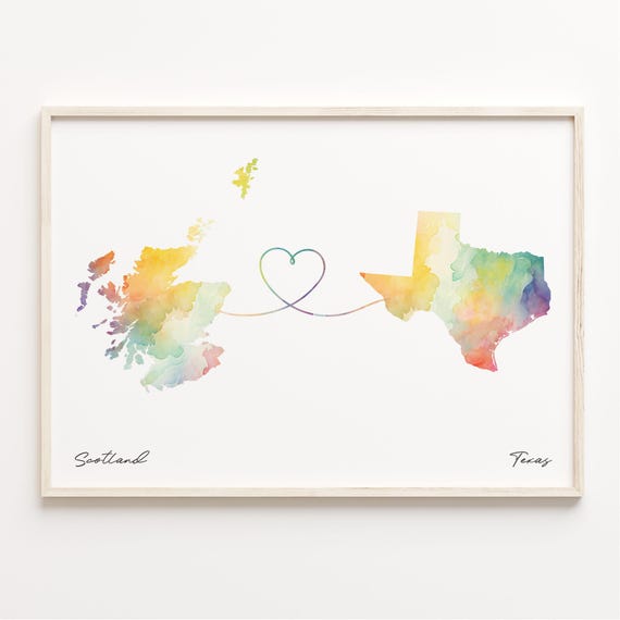 Scotland to Texas Watercolor Map Art Print