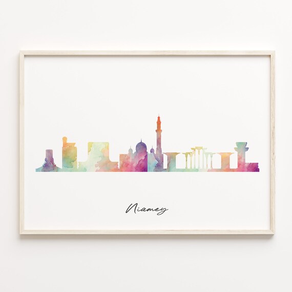 Niamey Niger Colorful Watercolor Cityscape Skyline Travel Art Poster