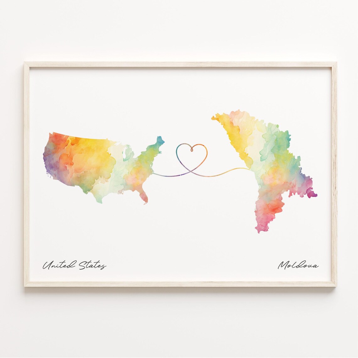 United States to Moldova Watercolor Map Heart Connection Poster