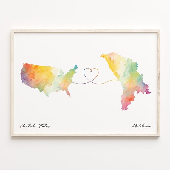United States to Moldova Watercolor Map Heart Connection Poster