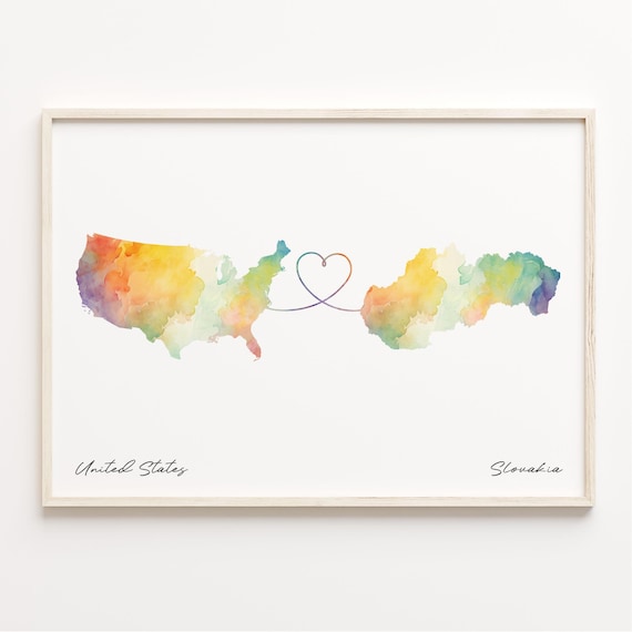 United States Slovakia Watercolor Heart Map Long Distance Poster