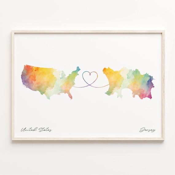 United States to Jersey Watercolor Map Long Distance Love Poster