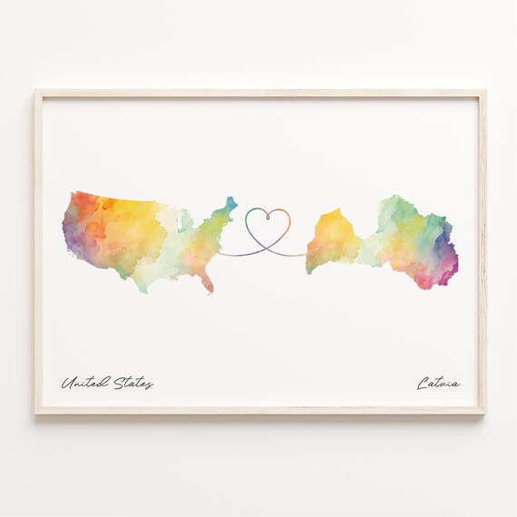 United States to Latvia Watercolor Map Long Distance Love Print