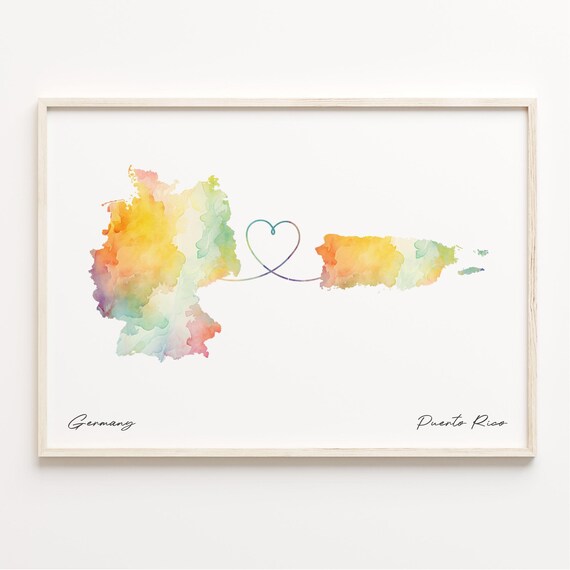 Germany To Puerto Rico Watercolor Heart Map Long Distance Love Poster