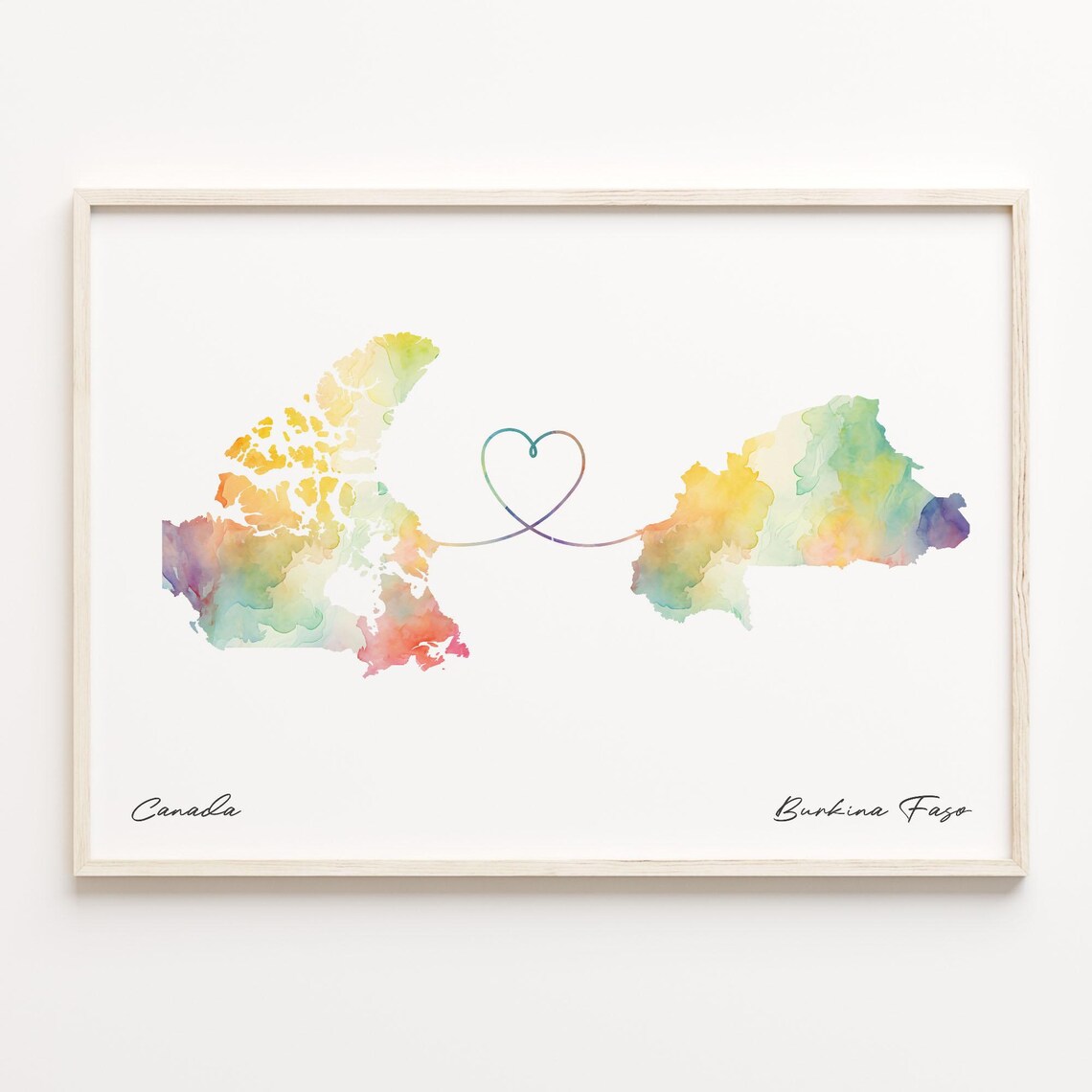Canada to Burkina Faso Watercolor Map Poster Heart Line Distance Gift