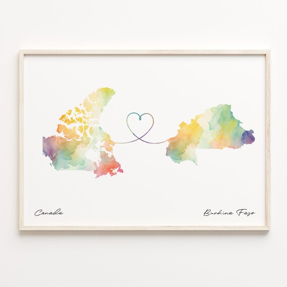 Canada to Burkina Faso Watercolor Map Poster Heart Line Distance Gift