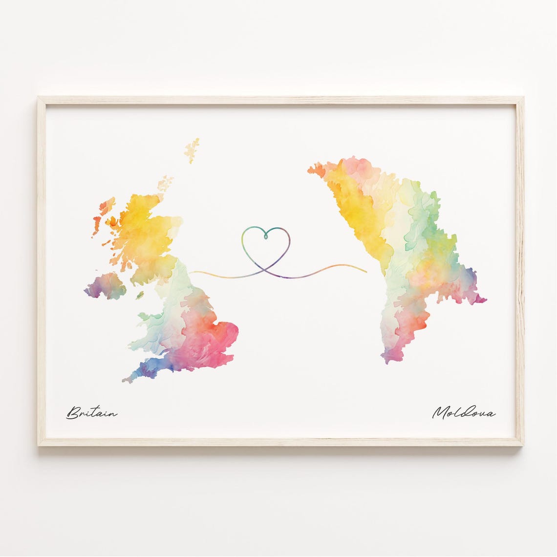 Britain To Moldova Watercolor Map Long Distance Love Gift Poster