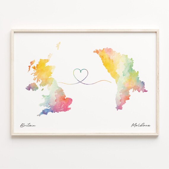 Britain To Moldova Watercolor Map Long Distance Love Gift Poster