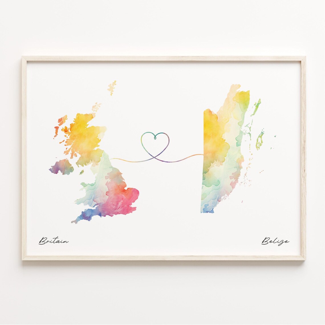 Britain to Belize Watercolor Heart Map Long Distance Love Print