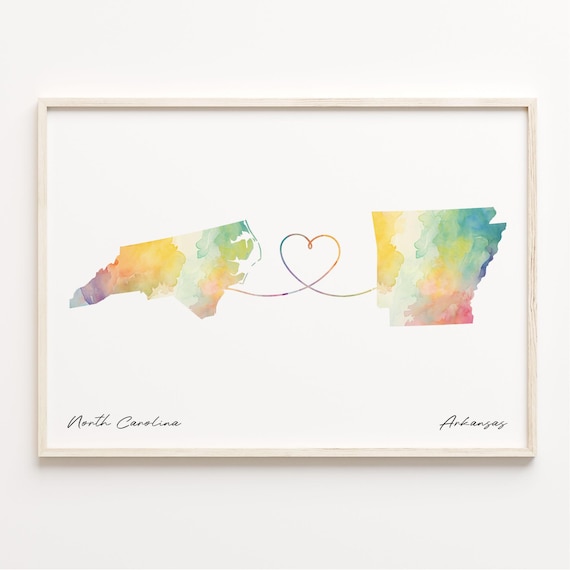 North Carolina To Arkansas Heart Map Watercolor Travel Poster