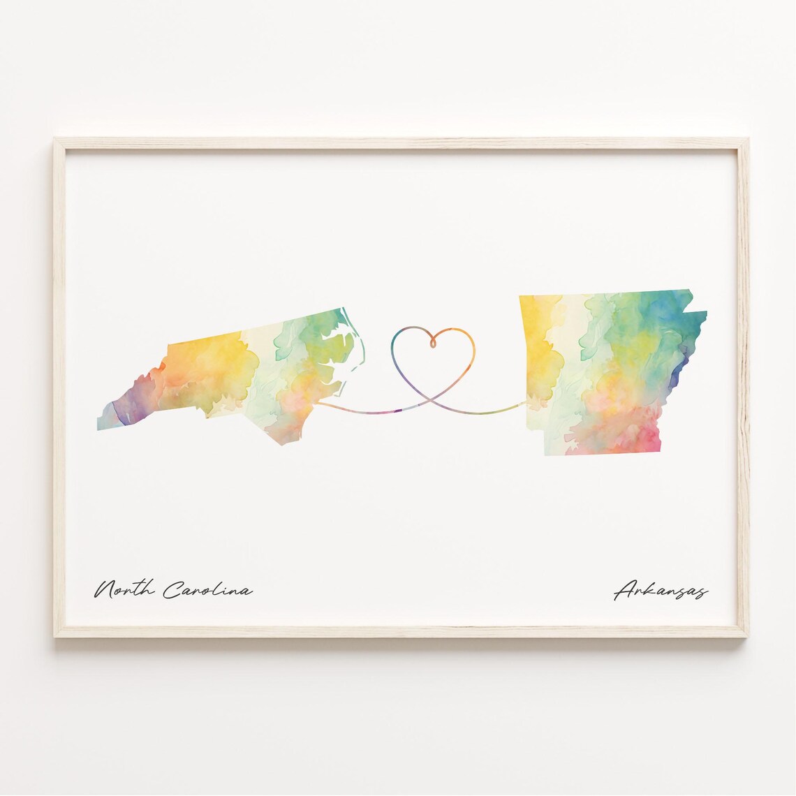 North Carolina To Arkansas Heart Map Watercolor Travel Poster