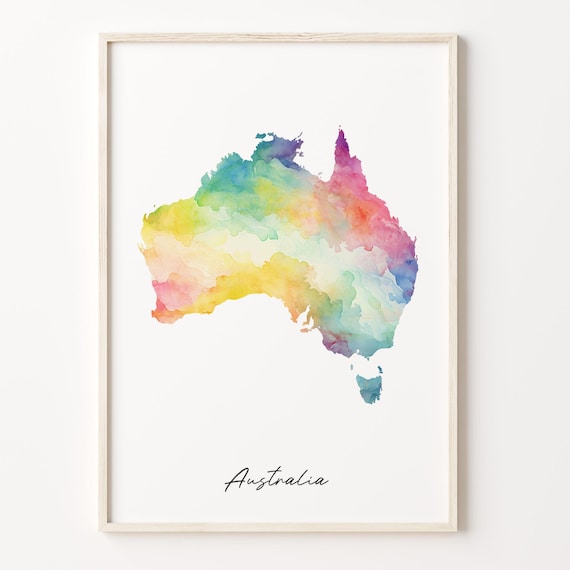 Australia Watercolor Country Map Art Poster Pastel Tasmania Oceania Decor