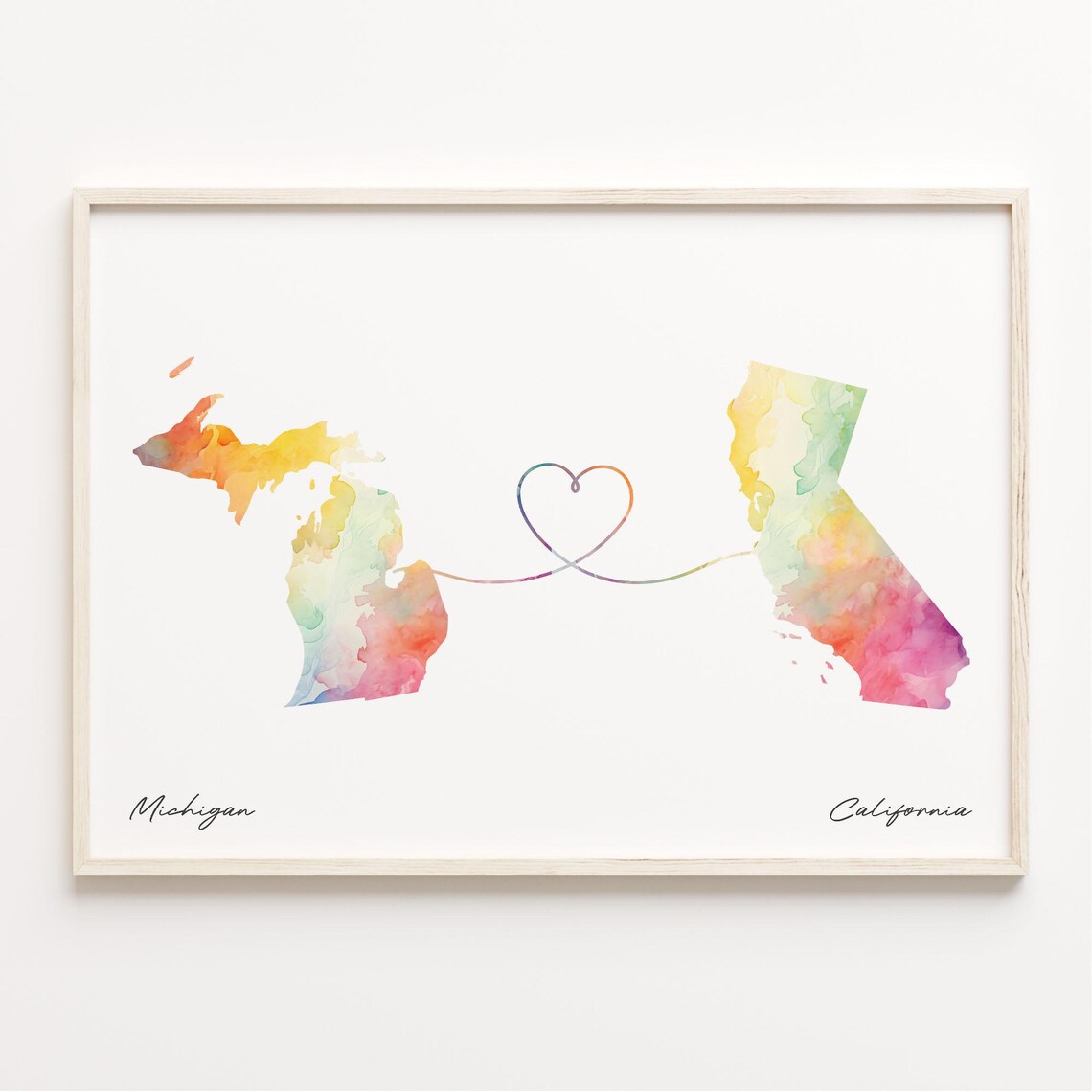 Michigan California Watercolor Map Long Distance Heart Connection Poster