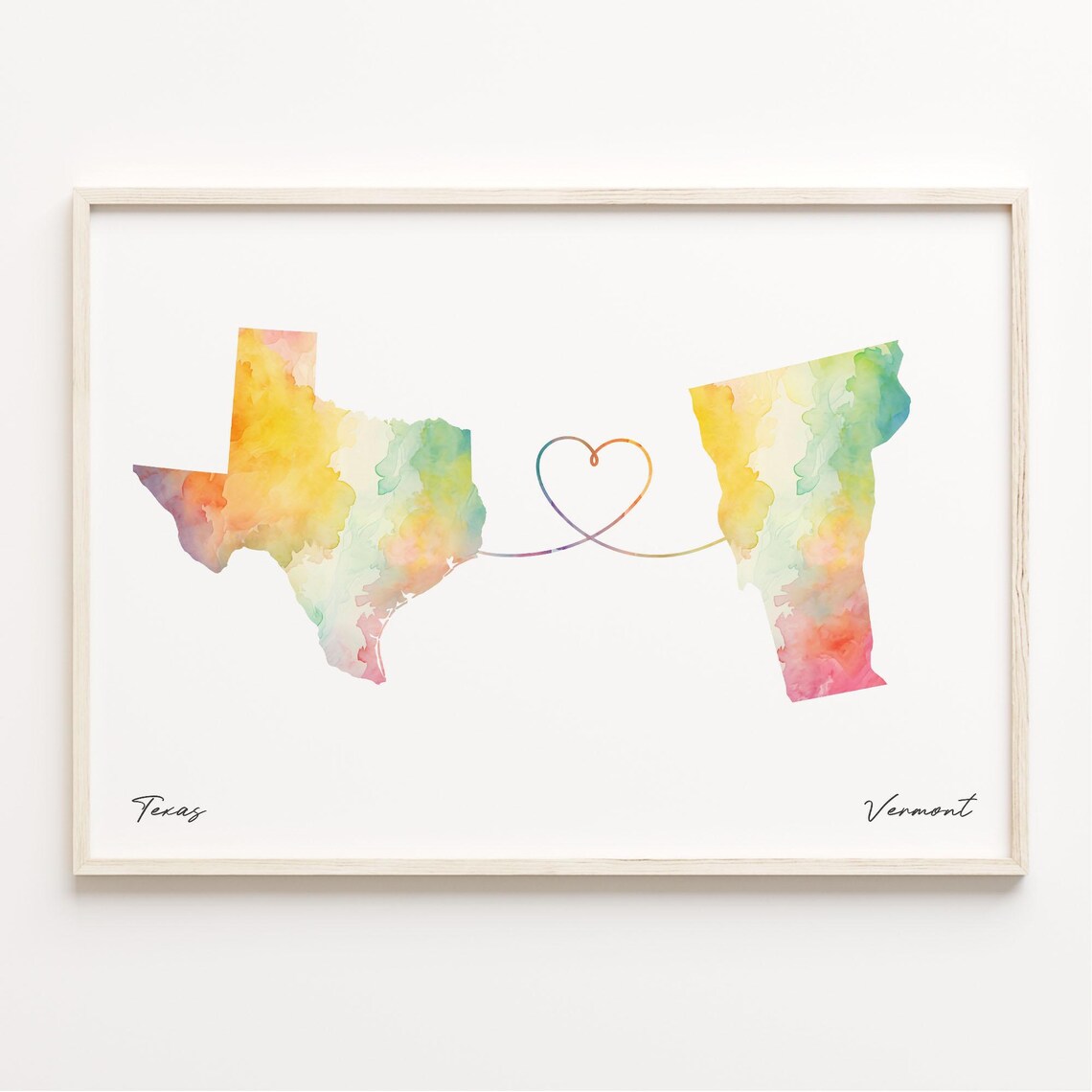 Texas To Vermont Watercolor Map Art Print