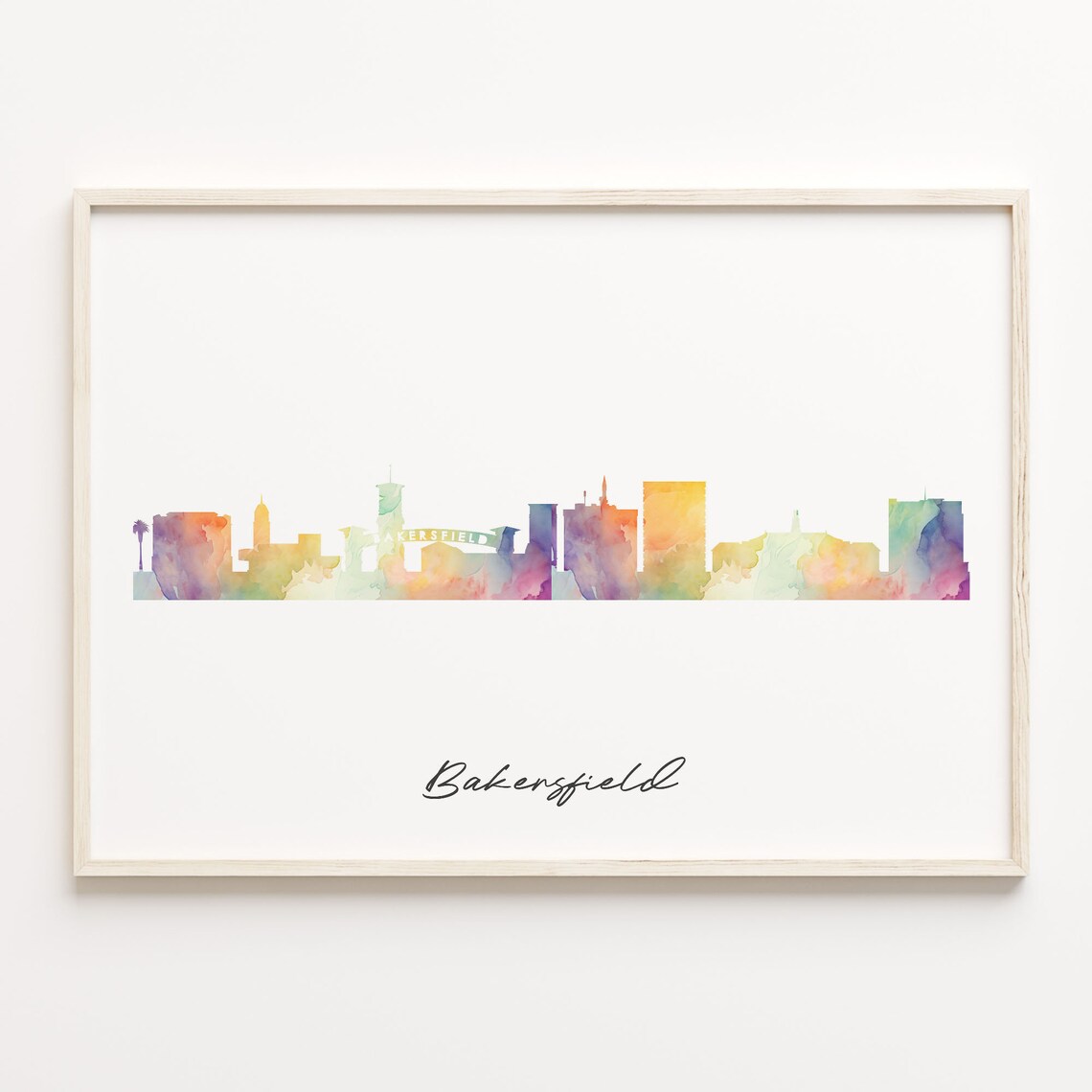 Bakersfield Watercolor Skyline Cityscape Colorful California Poster