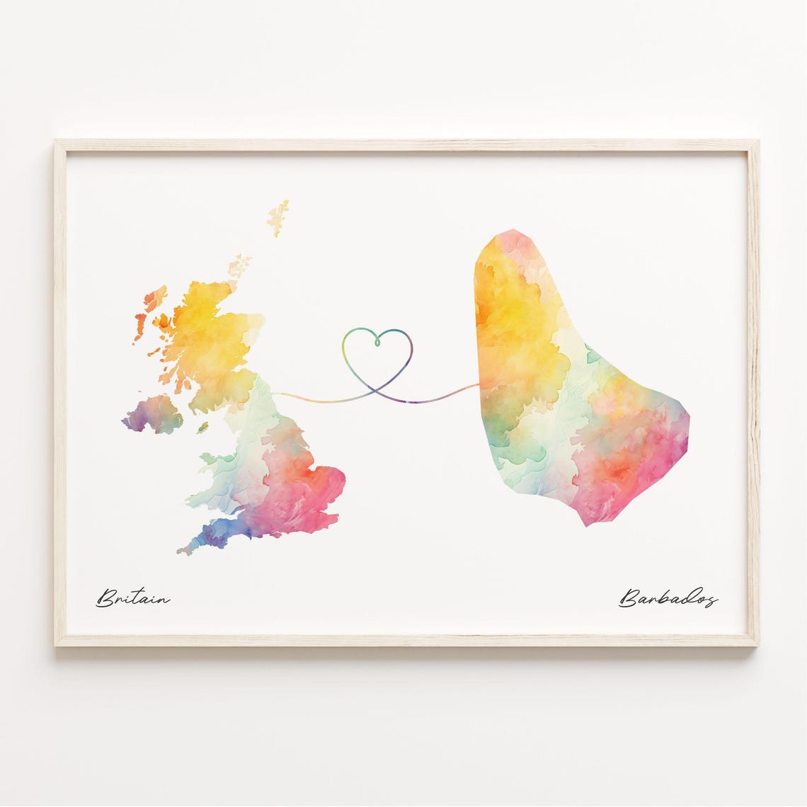 Britain To Barbados Watercolor Map Art With Heart Connection Poster