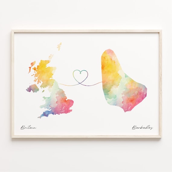 Britain To Barbados Watercolor Map Art With Heart Connection Poster