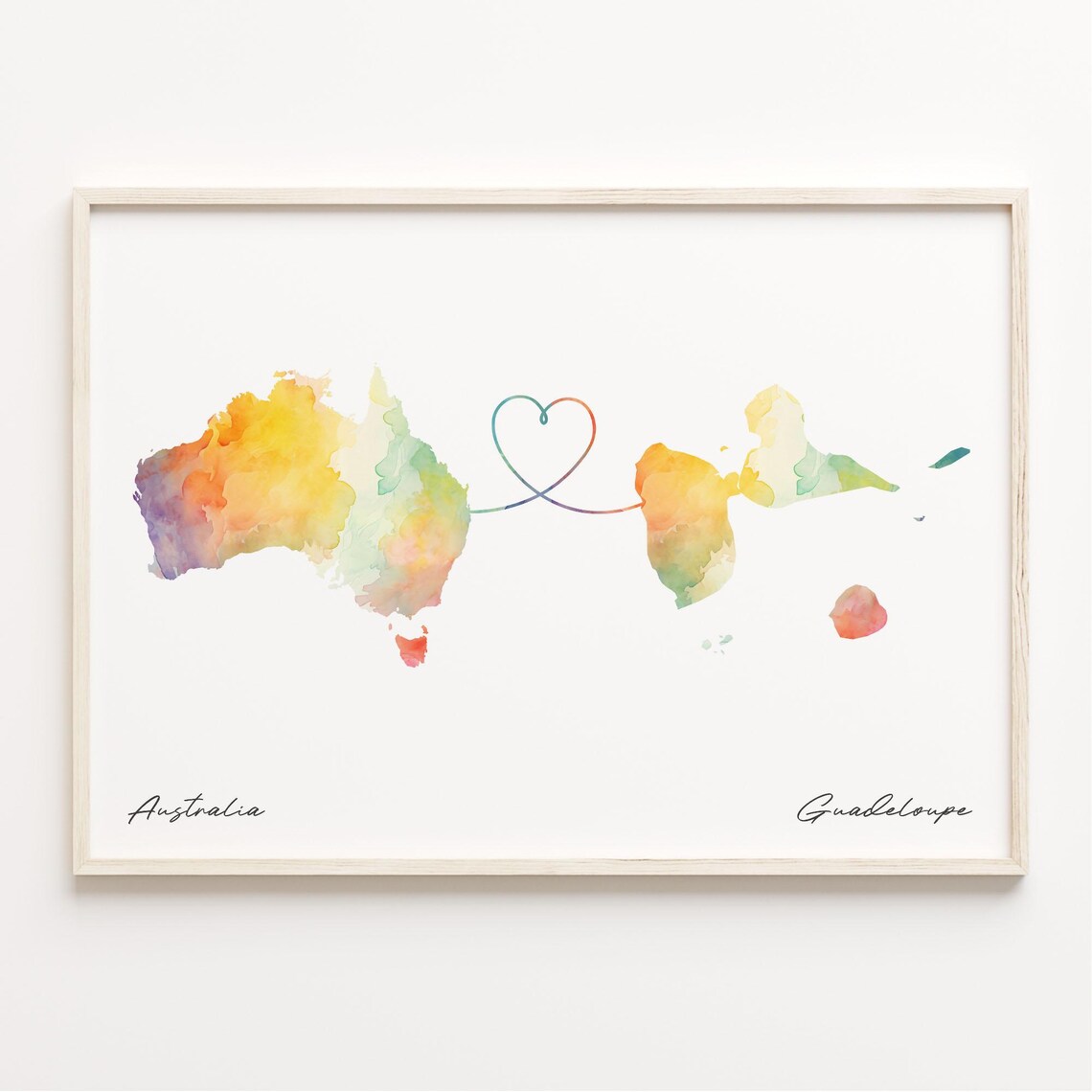 Australia To Guadeloupe Watercolor Heart Map Long Distance Love Poster