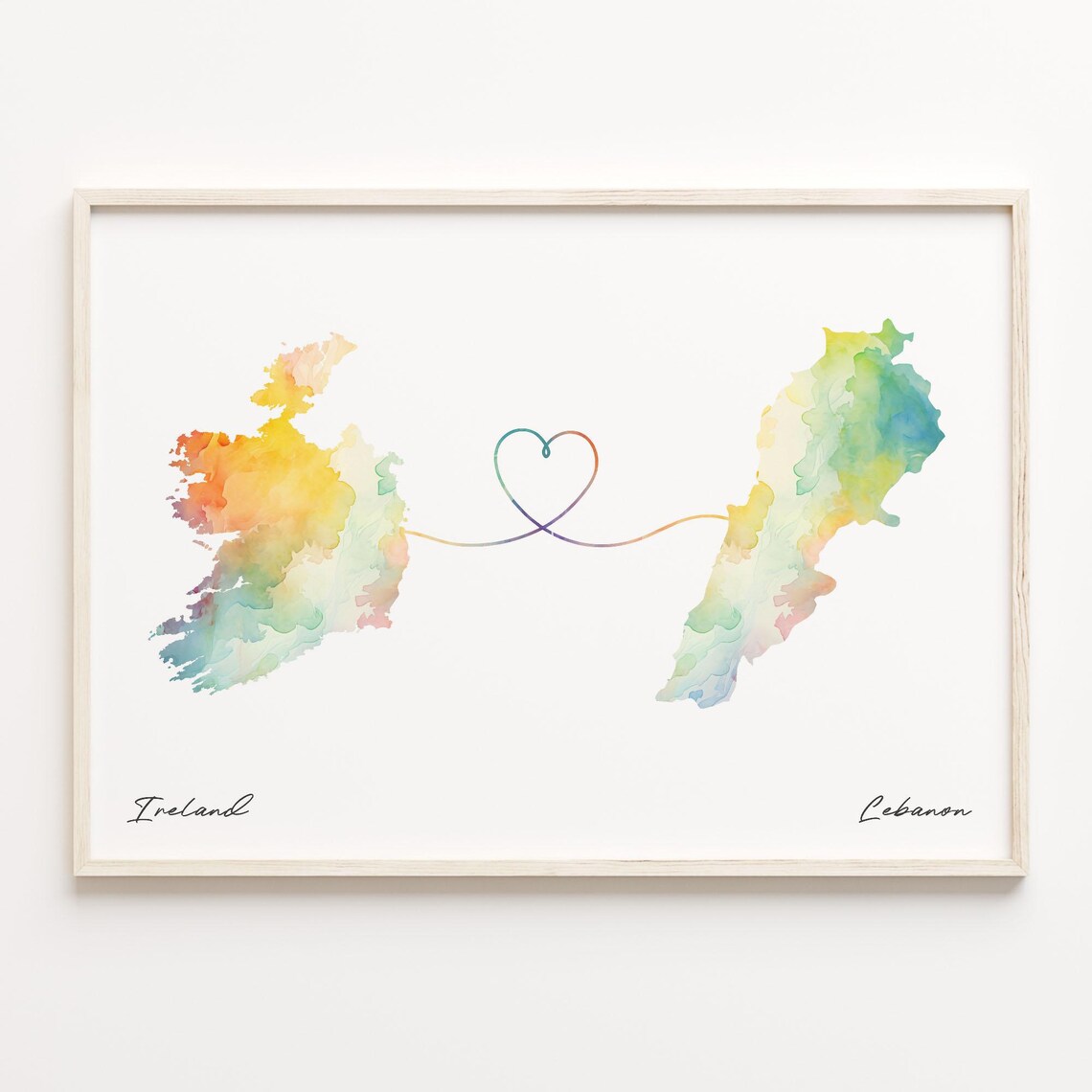 Ireland To Lebanon Watercolor Map Heart Line Connection Poster