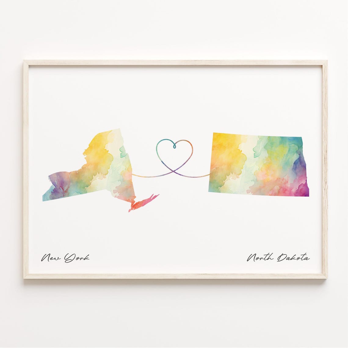 New York To North Dakota Watercolor State Map Connection Art Print