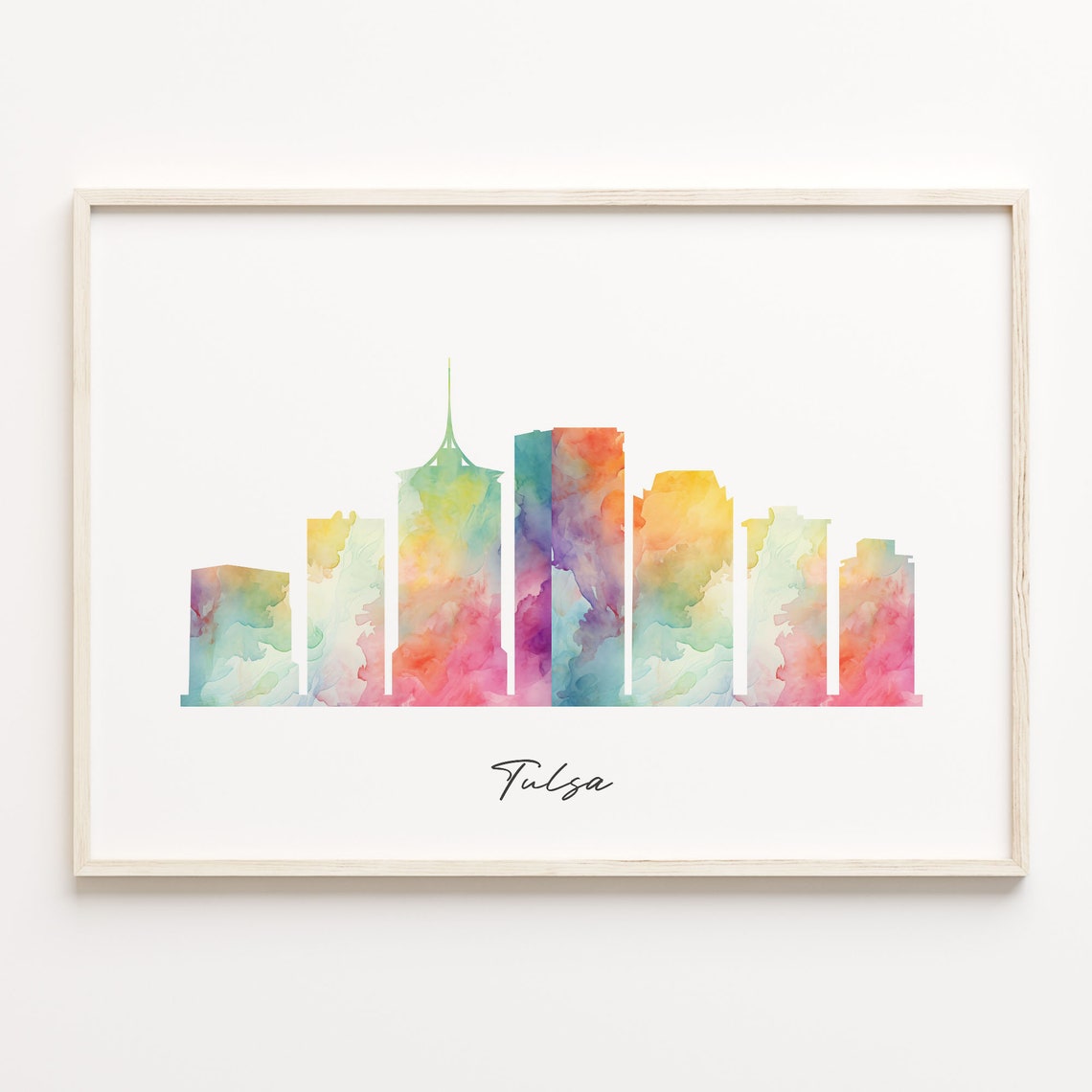 Tulsa Oklahoma Vibrant Watercolor Script Skyline Cityscape Poster