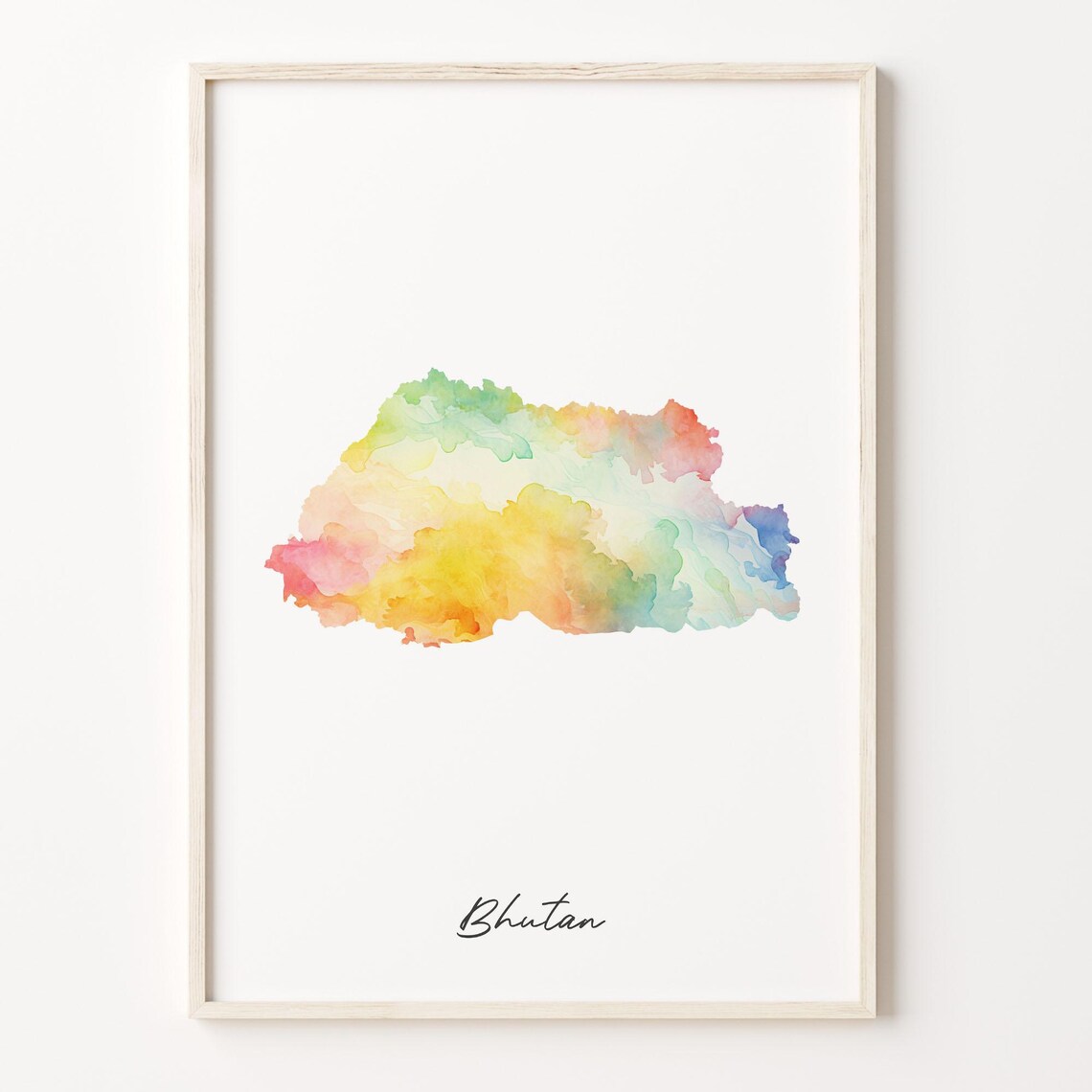 Bhutan Watercolor Country Map Art Poster Himalayan Pastel Travel Decor