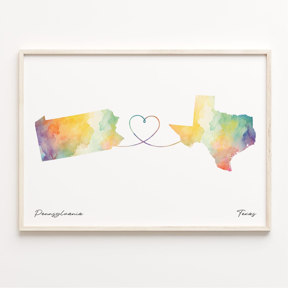 Pennsylvania To Texas Watercolor State Map Heart Connection Art Poster