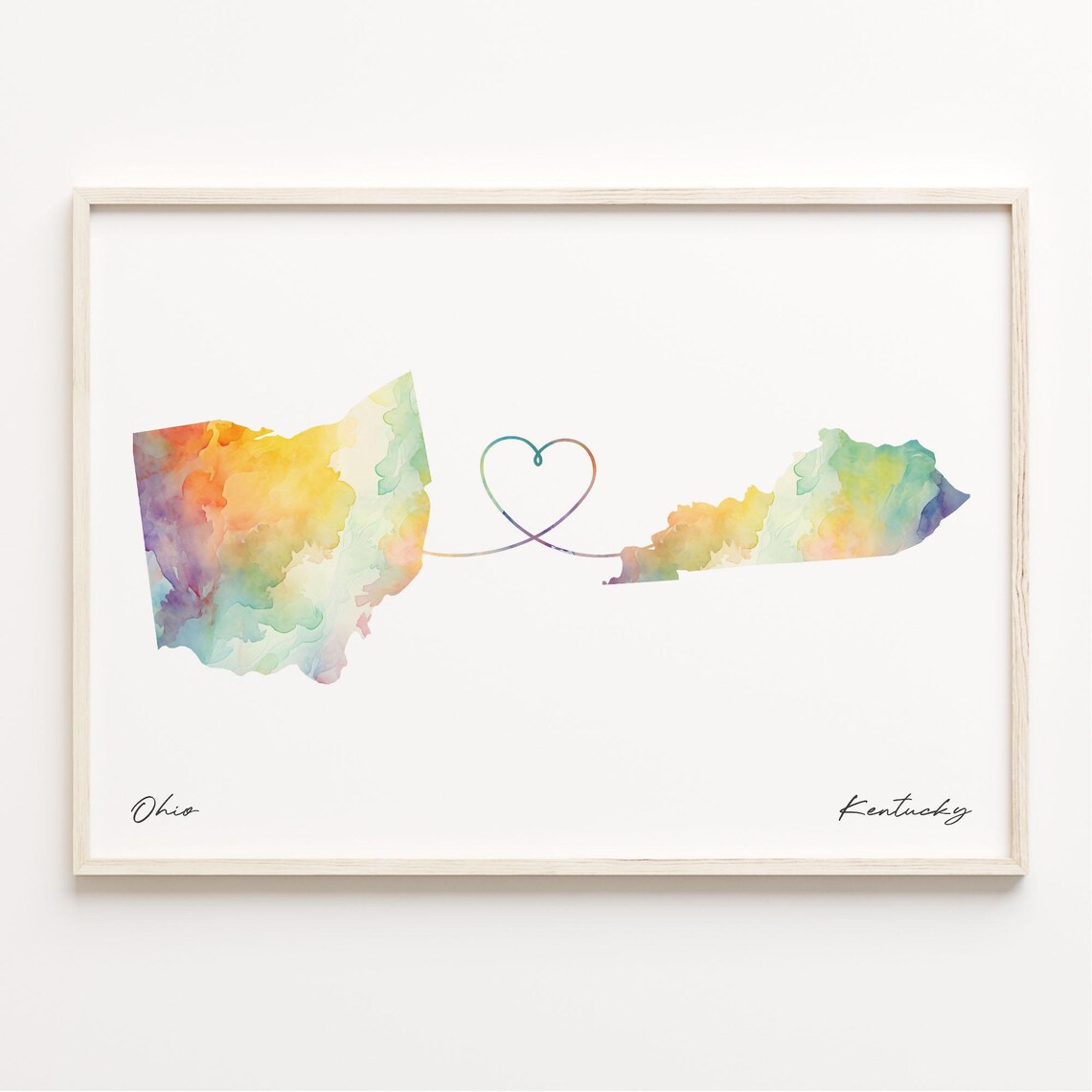 Ohio to Kentucky Watercolor State Map Heart Connection Long Distance Love Print