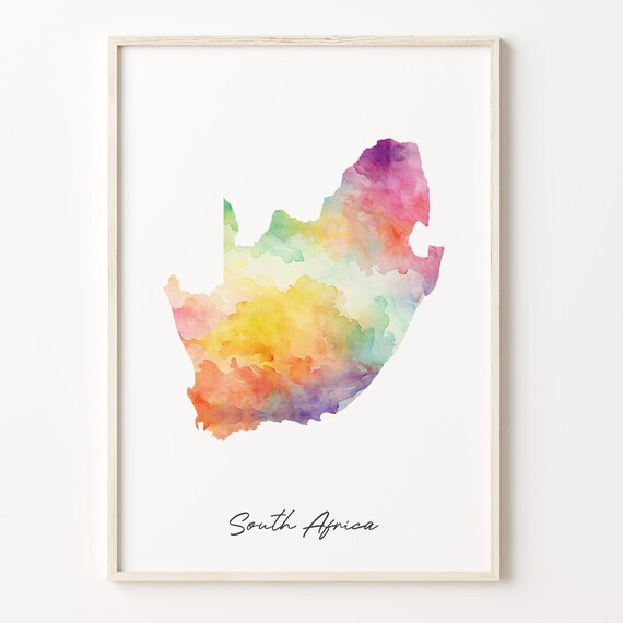 South Africa Watercolor Country Map Poster in Vibrant Rainbow Pastel Hues