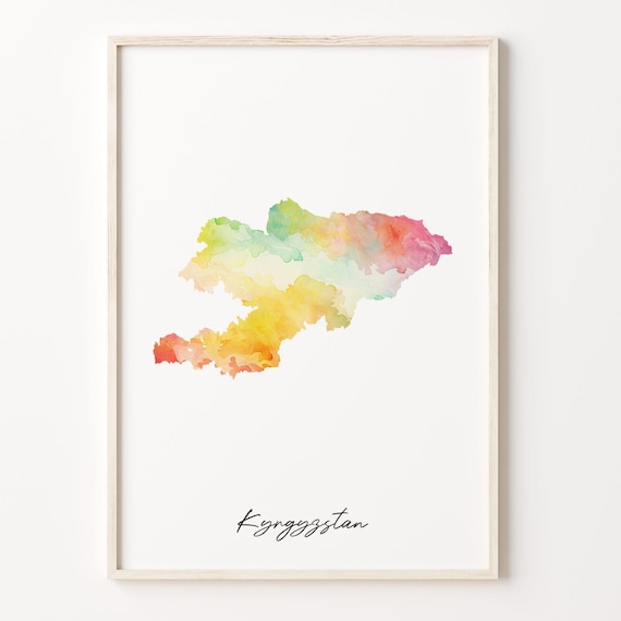 Kyrgyzstan Watercolor Country Map Vibrant Rainbow Wash Art Poster