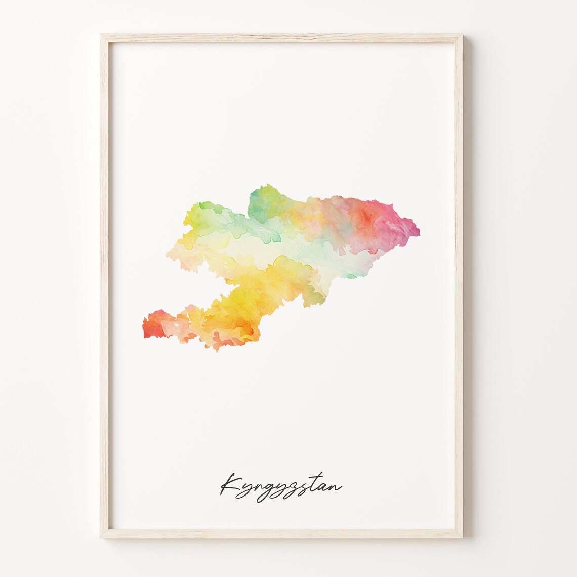 Kyrgyzstan Watercolor Country Map Vibrant Rainbow Wash Art Poster