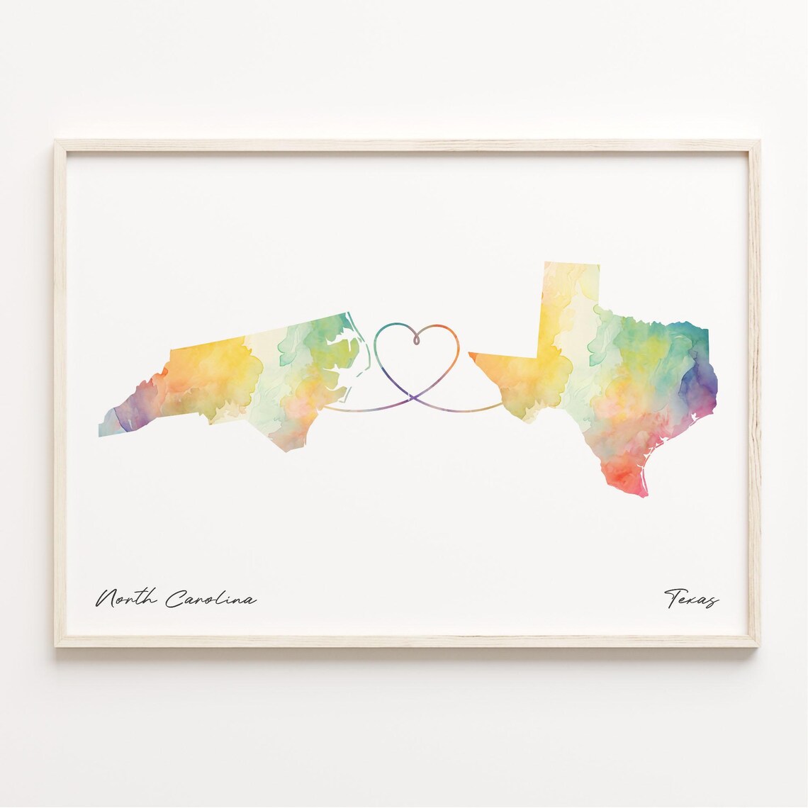 North Carolina to Texas Watercolor Map Heart Long Distance Poster