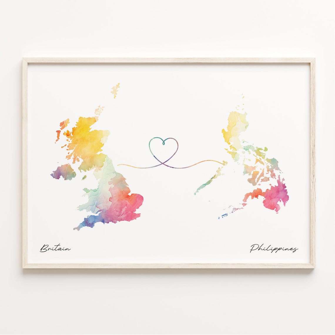 Britain To Philippines Heart Watercolor Map Travel Gift Poster