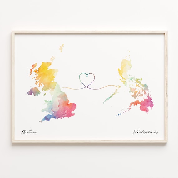 Britain To Philippines Heart Watercolor Map Travel Gift Poster