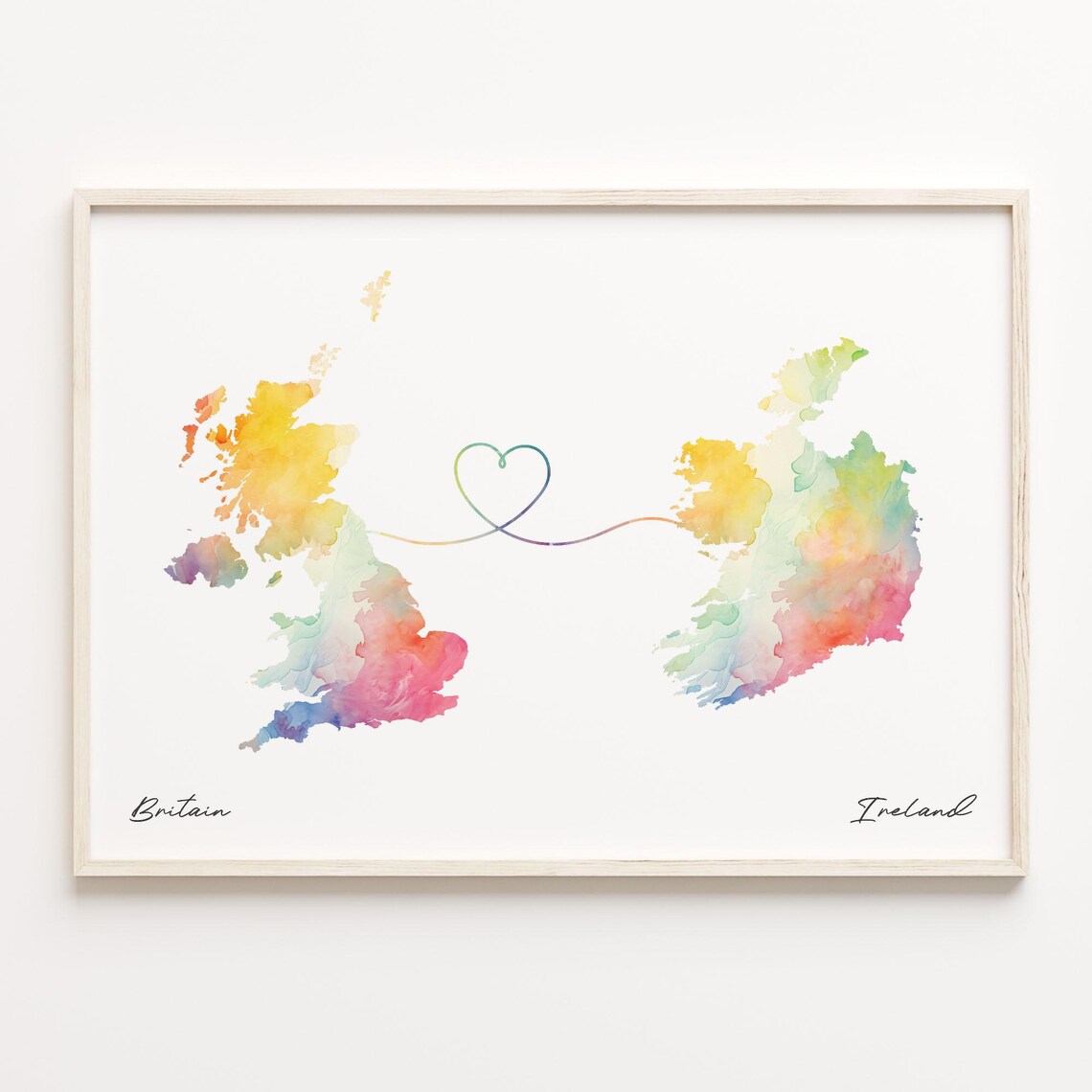 Britain To Ireland Watercolor Heart Map Long Distance Love Print