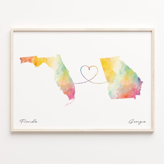 Florida To Georgia Watercolor State Map Love Connection Poster