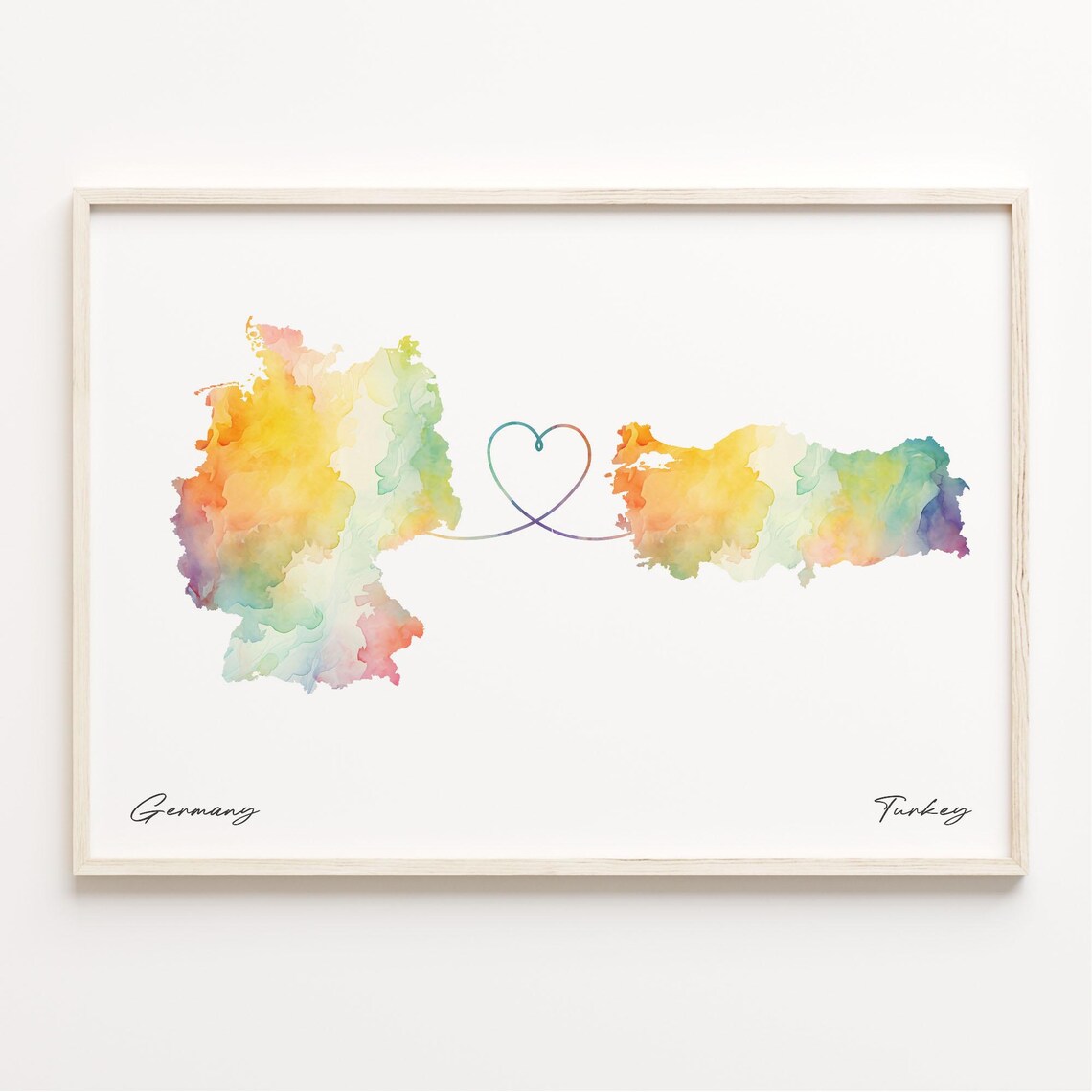Germany Turkey Watercolor Heart Map Long Distance Love Gift Wall Art