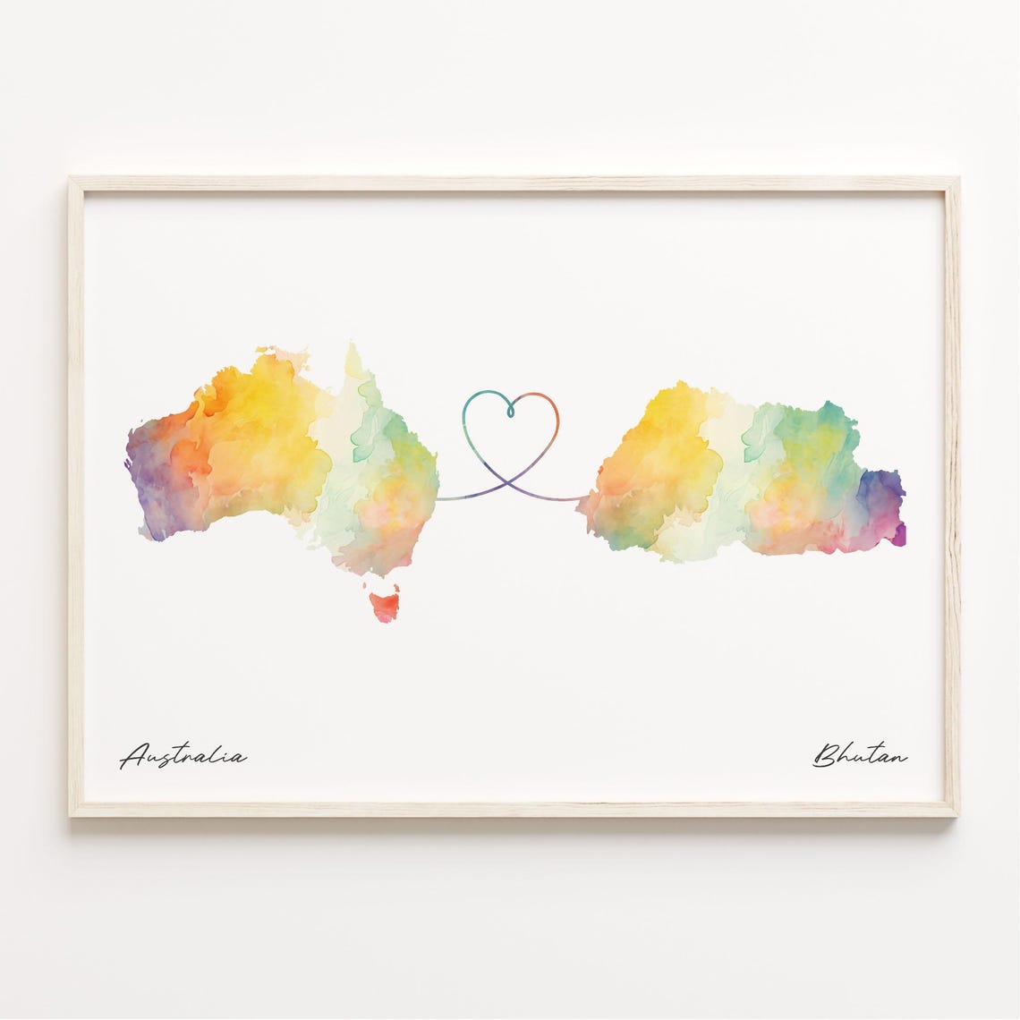 Australia Bhutan Watercolor Long Distance Heart Map Art Poster