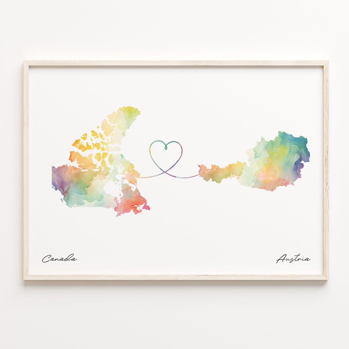 Canada to Austria Watercolor Heart Map Long Distance Connection Poster